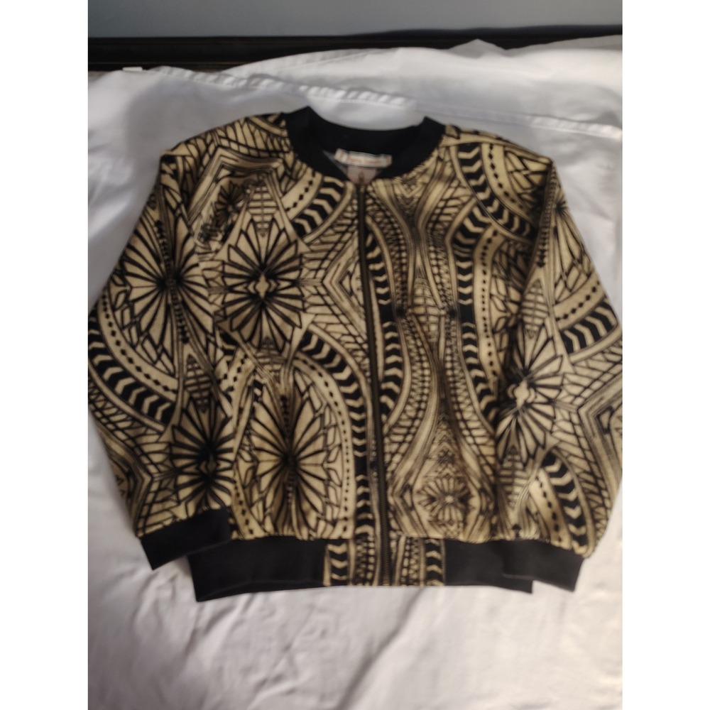 Flying Tomato Women Black Tan Geometric Tribal Print Zip Up Bomber Jacket Small